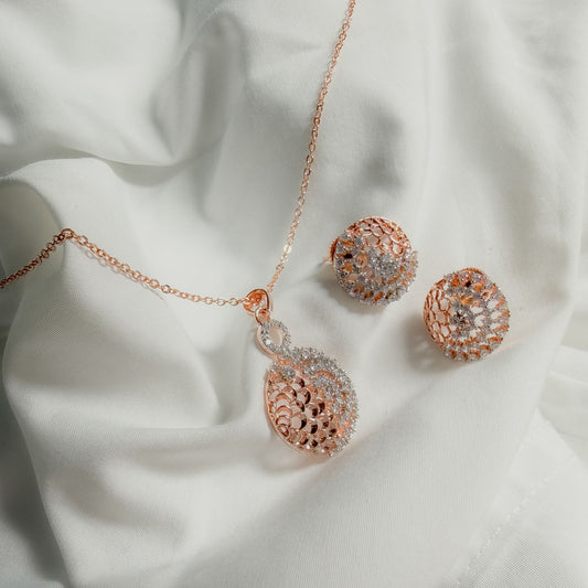 Women’s Rose Gold Dazzle Diamond Round Pendant & Earring Set – Premium Party & Daily Wear Jewellery