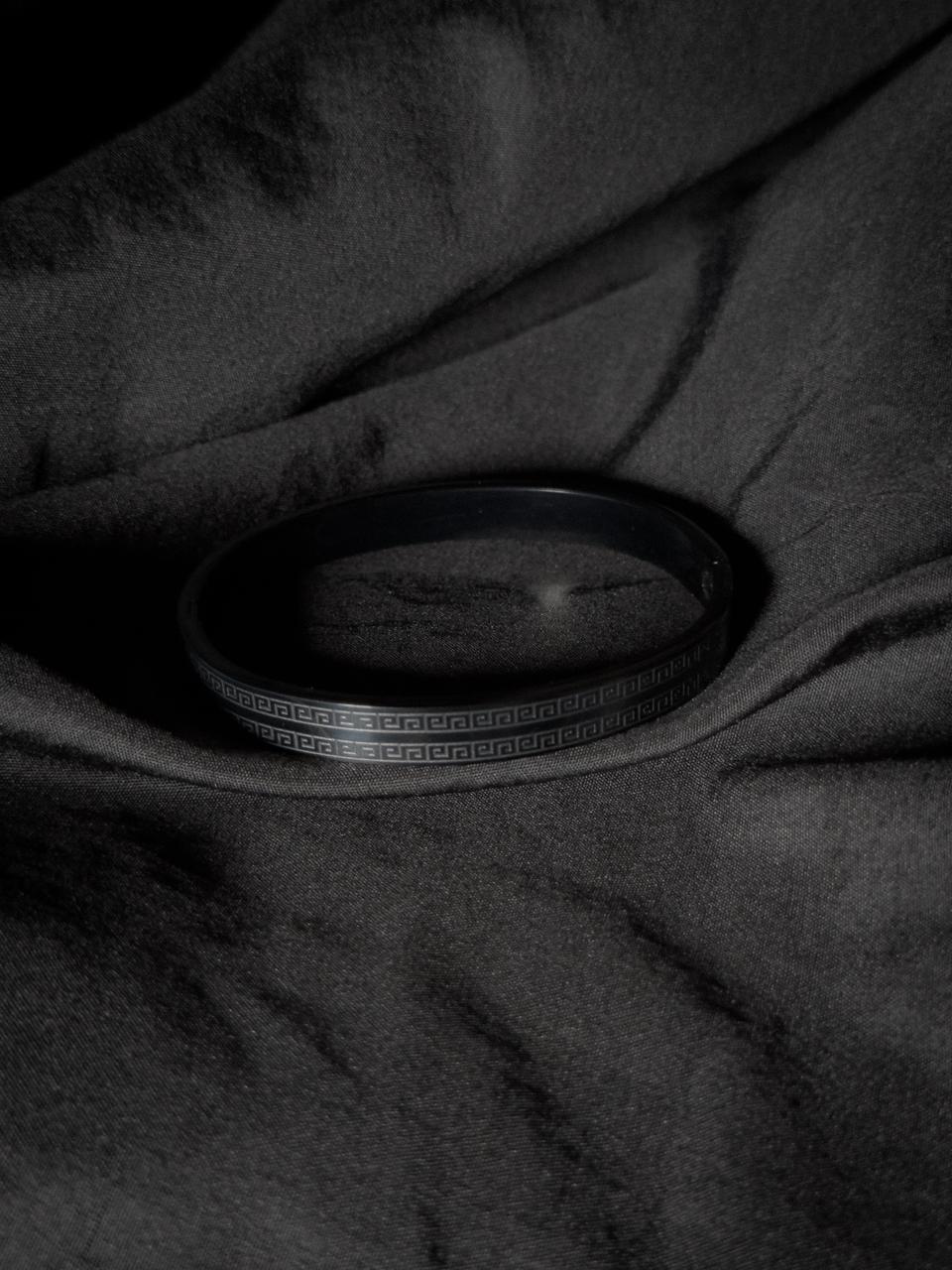 Men’s Black Stainless Steel Engraved Bracelet – Minimal Open Cuff Wrist Band for Formal