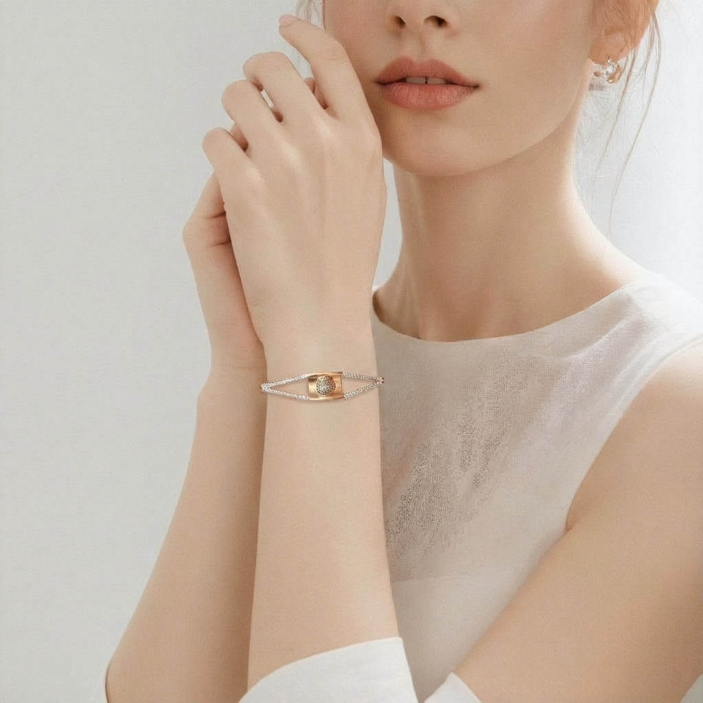 Women’s Rose Gold Dazzle Diamond Bracelet – Elegant Open Curve Design with Premium Shine