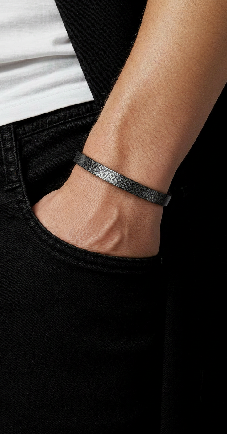 Unisex Black Stainless Steel Engraved Bracelet | Adjustable Minimal Open Cuff