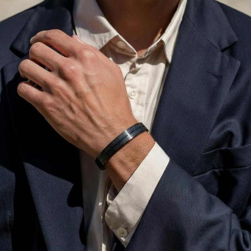 Men’s Black Stainless Steel Engraved Bracelet – Minimal Open Cuff Wrist Band for Formal