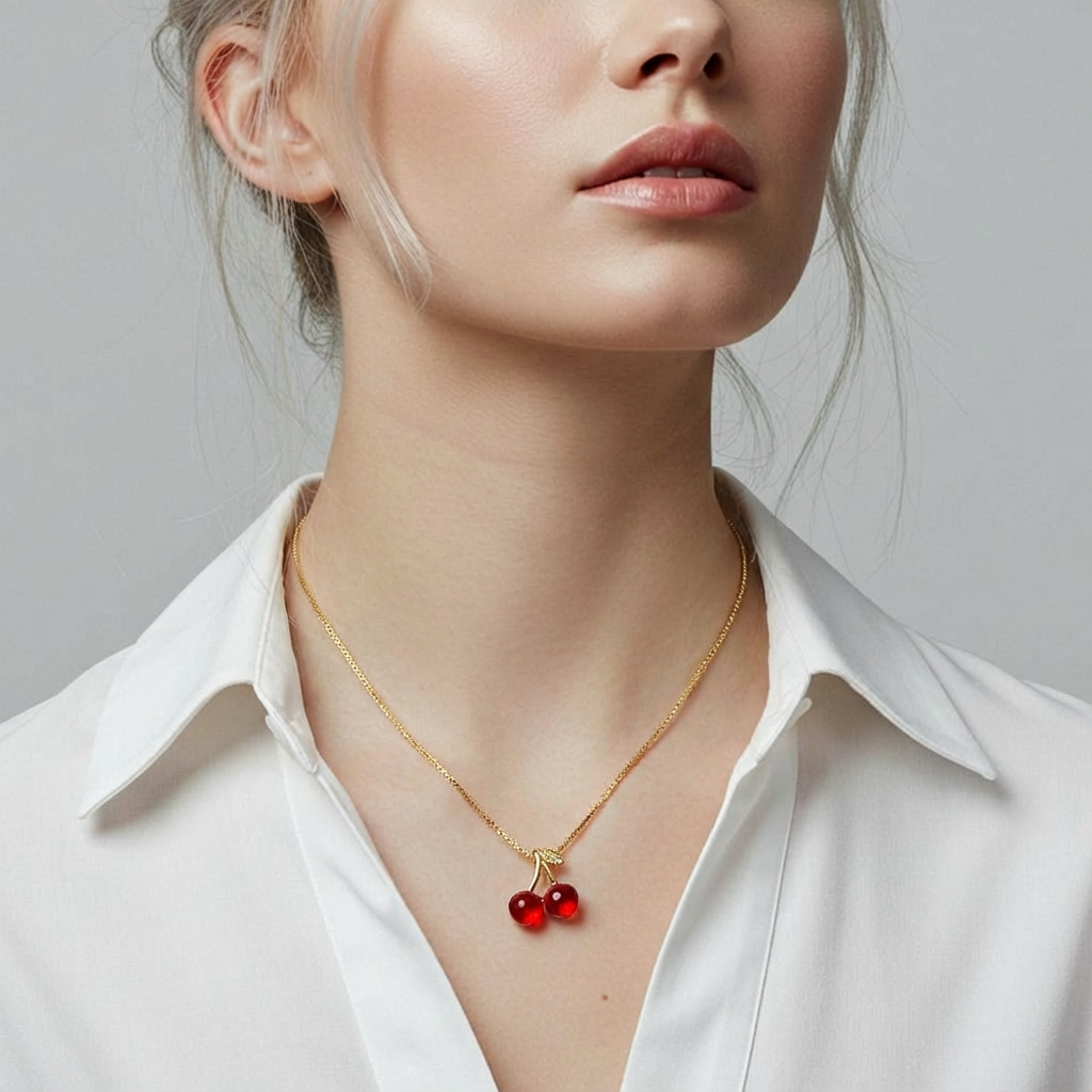 Women’s Cute Cherry Pendant Necklace – Gold Chain with Red Cherry Charm | Trendy Daily & Casual Wear Jewellery