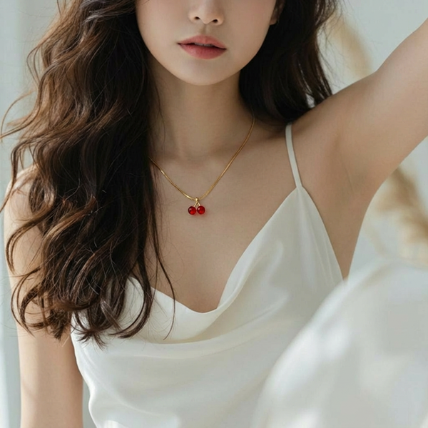 Women’s Cute Cherry Pendant Necklace – Gold Chain with Red Cherry Charm | Trendy Daily & Casual Wear Jewellery