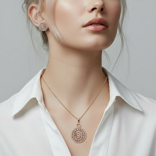 Women’s Rose Gold Dazzle Diamond Round Pendant & Earring Set – Premium Party & Daily Wear Jewellery