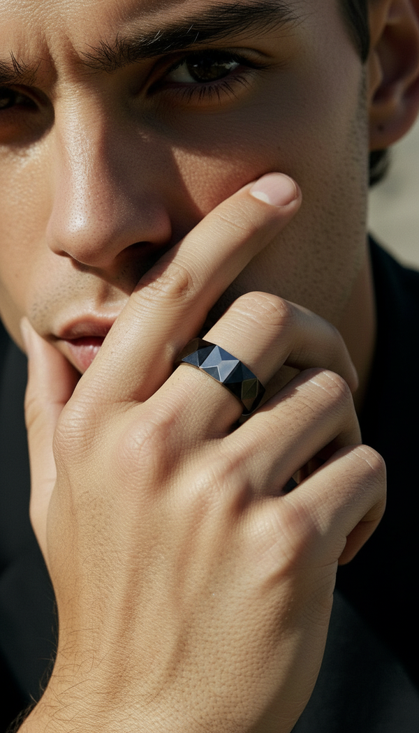 Men’s Black Ceramic Geometric Ring – Scratch-Resistant Faceted Band for Modern Daily Wear