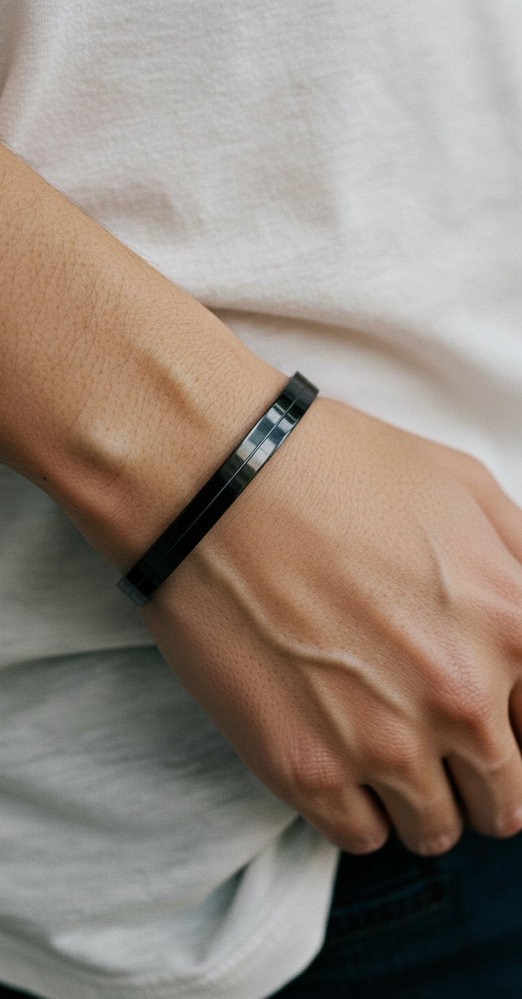 Unisex Black Stainless Steel Triple-Line Bracelet – Minimal Slim Open Cuff