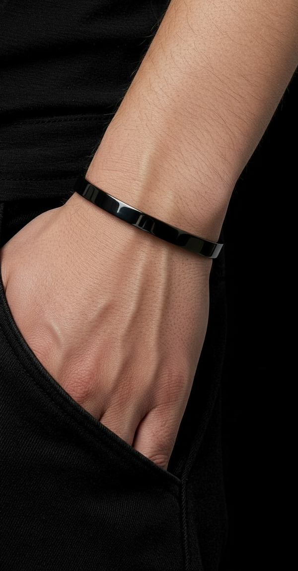 Unisex Black Stainless Steel Plain Bracelet | Slim Polished Open Cuff Wrist Band