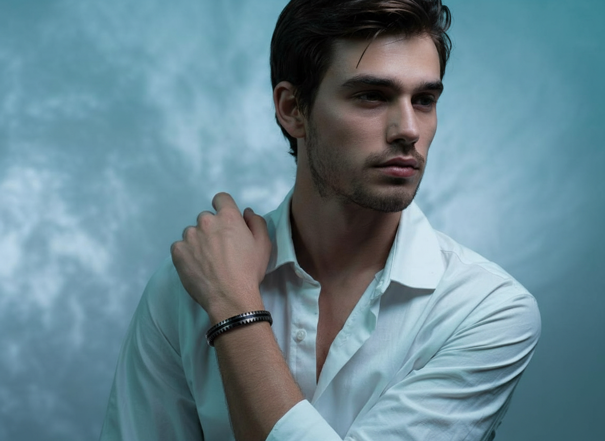 Men’s Black Stainless Steel Gear-Edge Bracelet – Bold Dual-Tone Wrist Band for Modern