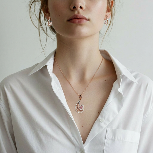 Women’s Rose Gold Dazzle Diamond Paisley Pendant & Earrings Set – Premium Daily & Party Wear Jewellery