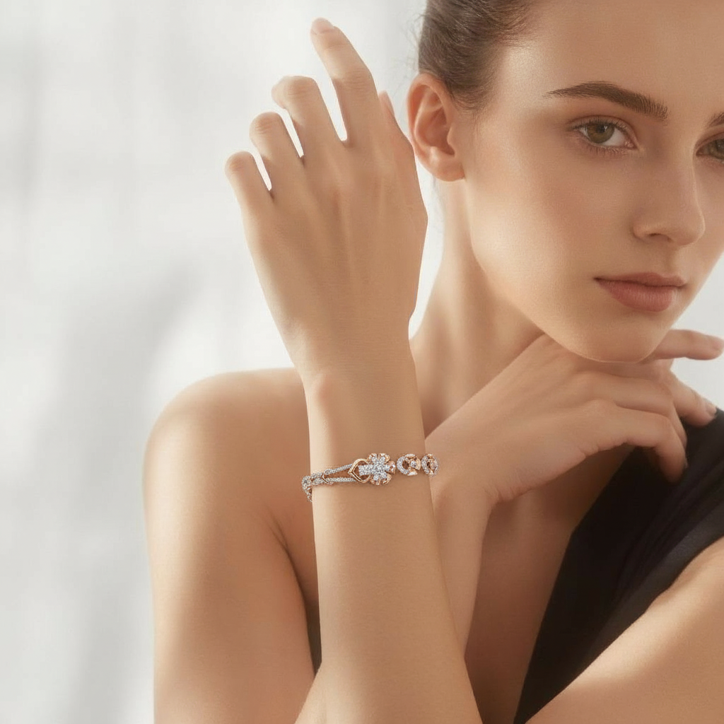 Women’s Rose Gold Dazzle Diamond Floral Bracelet – Premium Party Wear & Daily Wear Jewellery