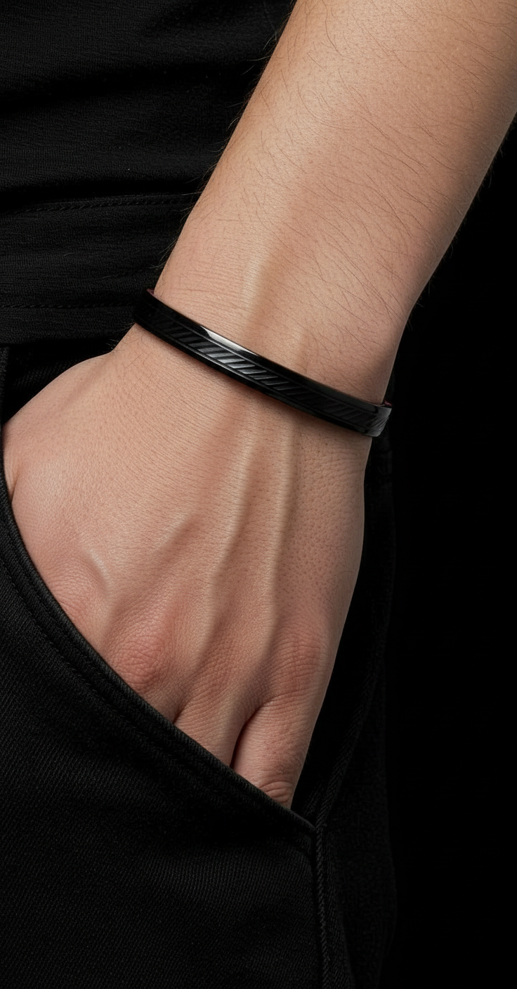 Unisex Black Stainless Steel Minimal Bracelet | Slim Textured Open Cuff Wrist Band