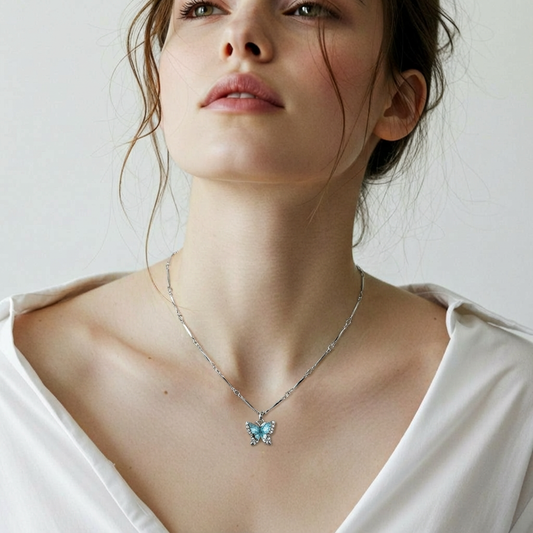 Women’s Blue Butterfly Pendant Necklace – Silver Chain | Elegant Daily, Party & Korean Style Jewellery